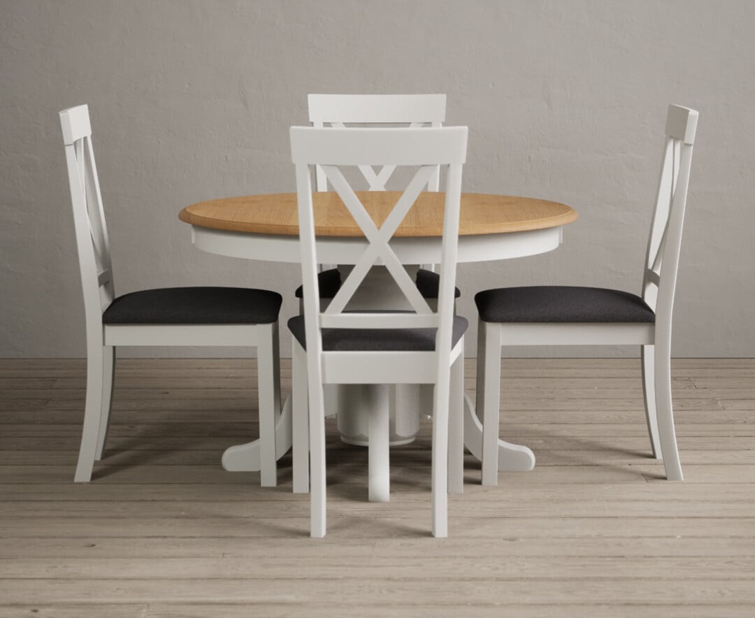 Hertford Oak And Signal White Painted Pedestal Extending Dining Table With 4 Blue Hertford Chairs