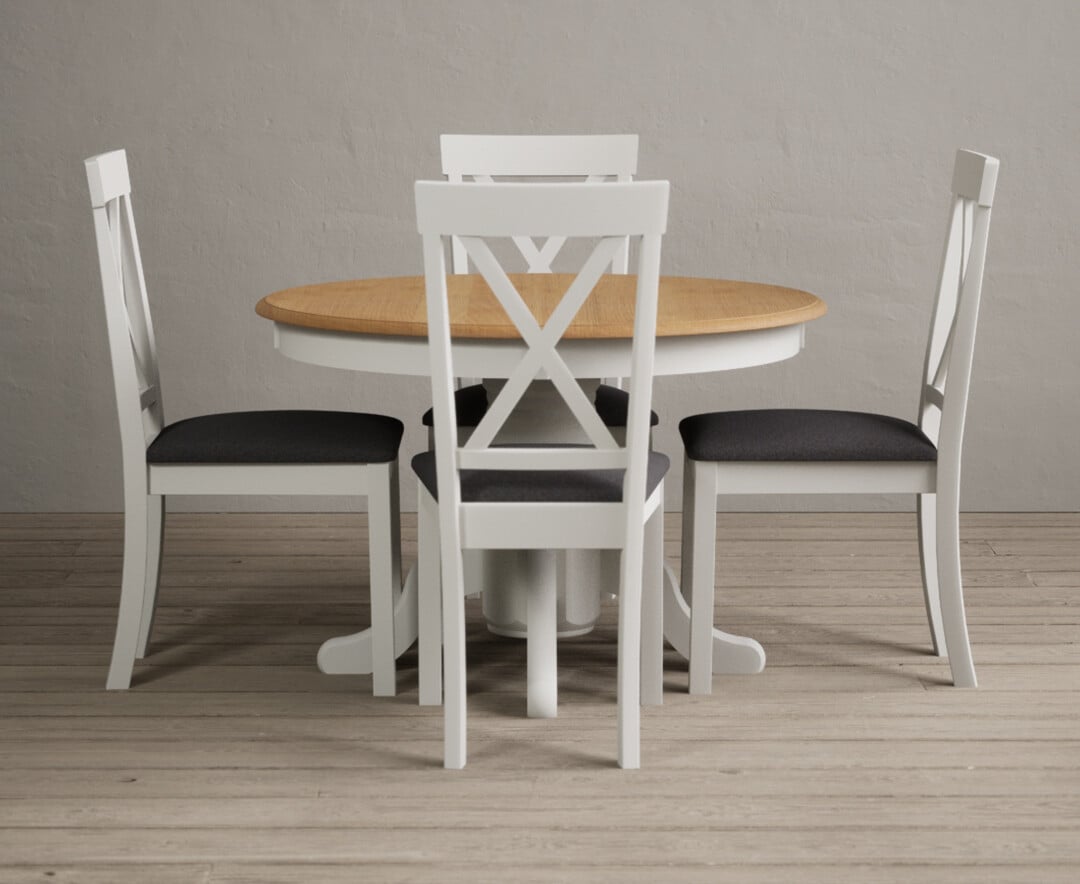 Hertford Oak And Signal White Painted Pedestal Extending Dining Table With 4 Brown Hertford Chairs