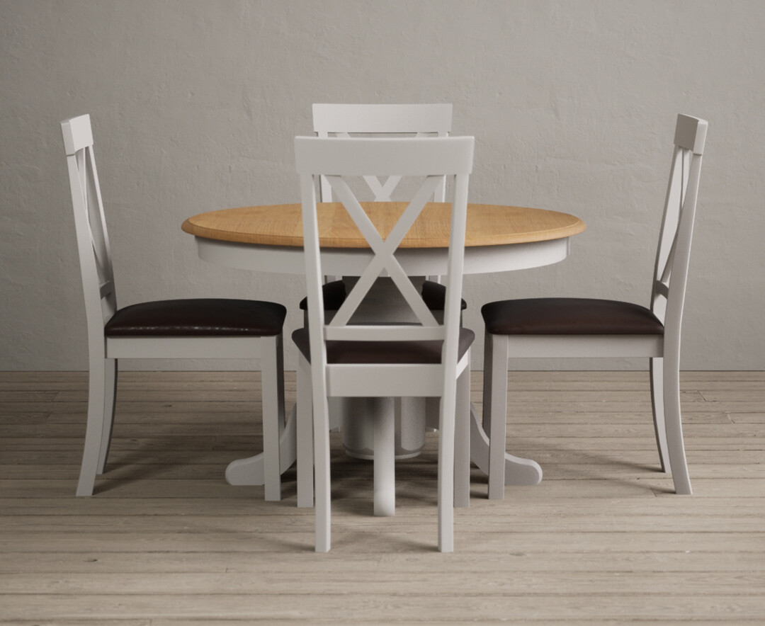 Hertford Oak And Soft White Painted Pedestal Extending Dining Table With 4 Light Grey Hertford Chairs
