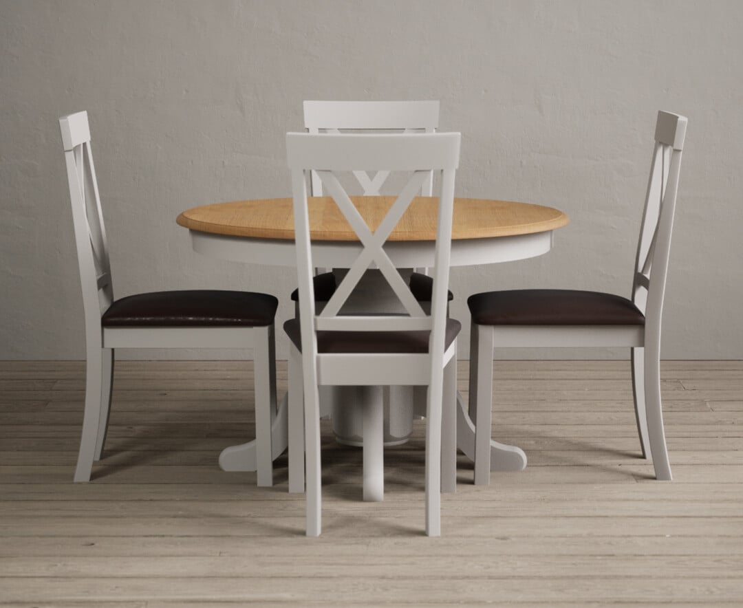 Hertford Oak And Soft White Painted Pedestal Extending Dining Table With 4 Linen Hertford Chairs