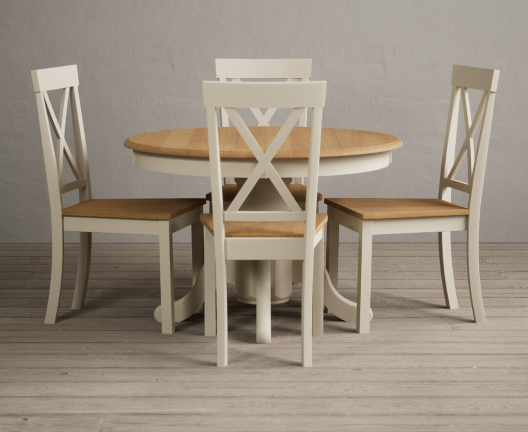 Product photograph of Hertford Oak And Cream Painted Pedestal Extending Dining Table With 4 Linen Hertford Chairs from Oak Furniture Superstore
