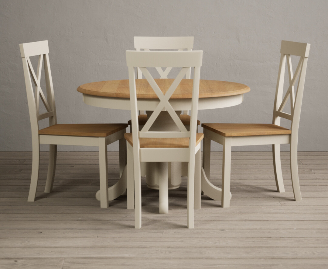 Hertford Oak And Cream Painted Pedestal Extending Dining Table With 4 Light Grey Hertford Chairs