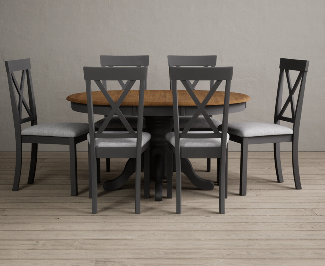 Product photograph of Hertford Oak And Charcoal Grey Painted Pedestal Extending Dining Table With 6 Light Grey Hertford Chairs from Oak Furniture Superstore