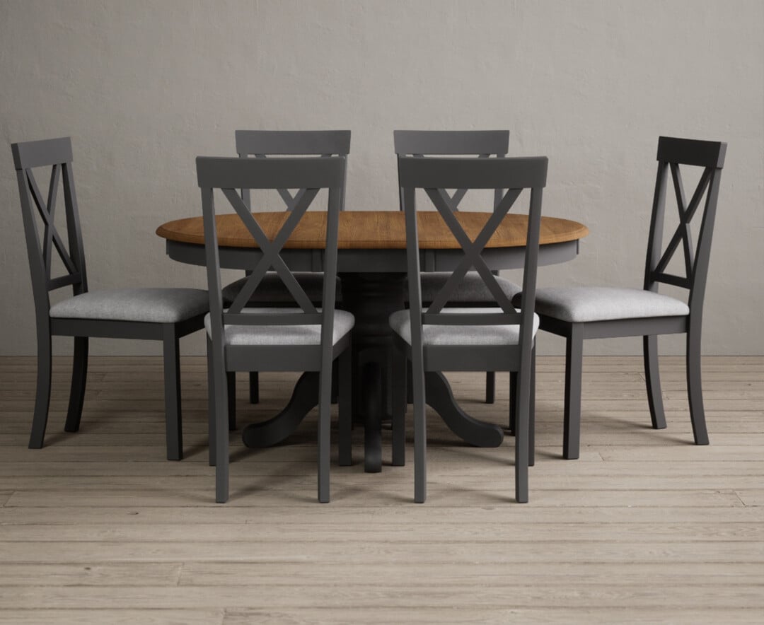 Product photograph of Hertford Oak And Charcoal Grey Painted Pedestal Extending Dining Table With 6 Linen Hertford Chairs from Oak Furniture Superstore