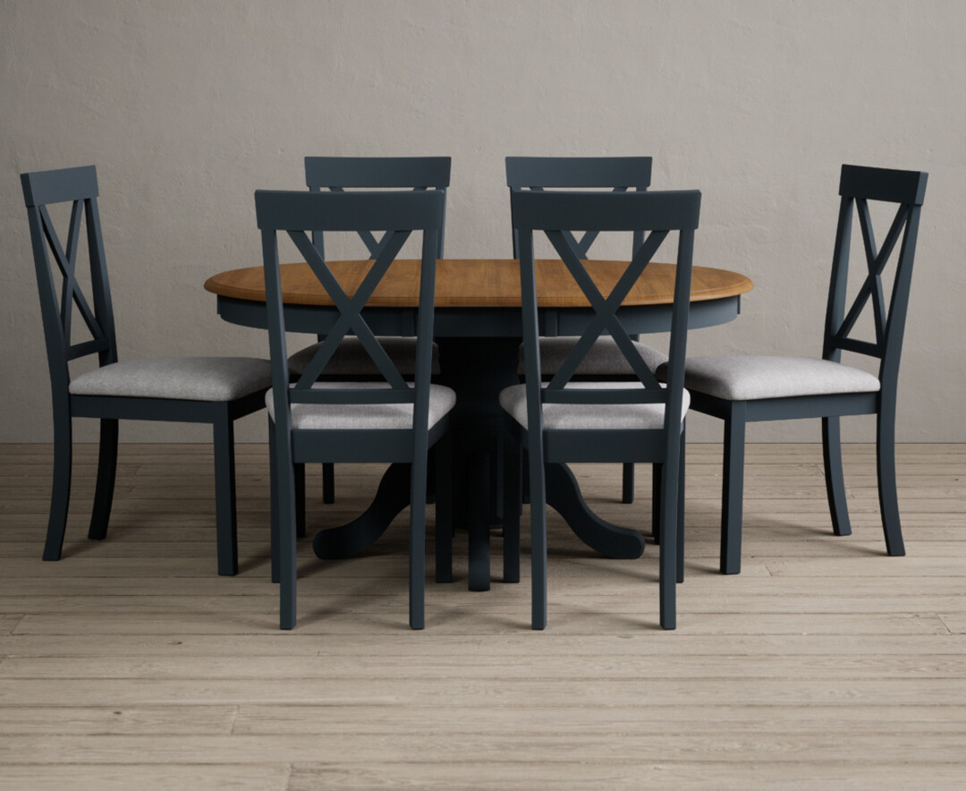 Hertford Oak And Dark Blue Painted Pedestal Extending Dining Table With 6 Light Grey Hertford Chairs