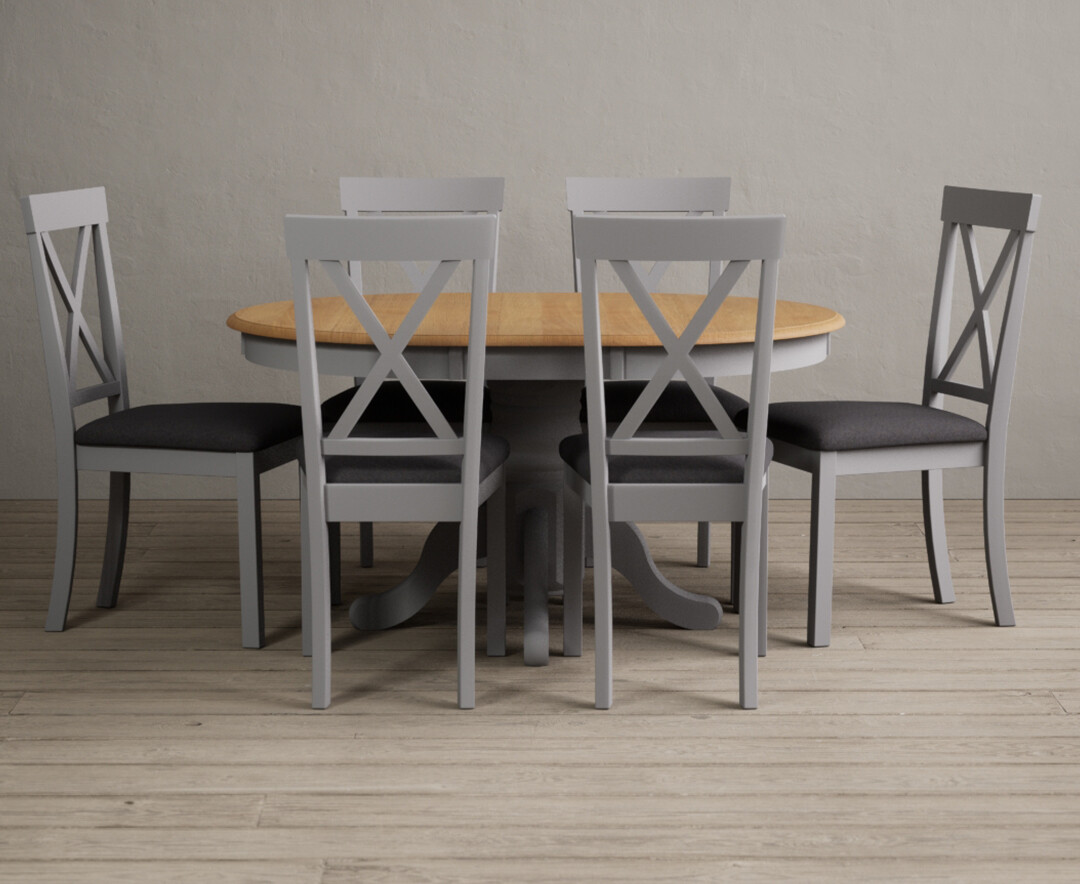 Product photograph of Hertford Oak And Light Grey Painted Pedestal Extending Dining Table With 6 Light Grey Hertford Chairs from Oak Furniture Superstore