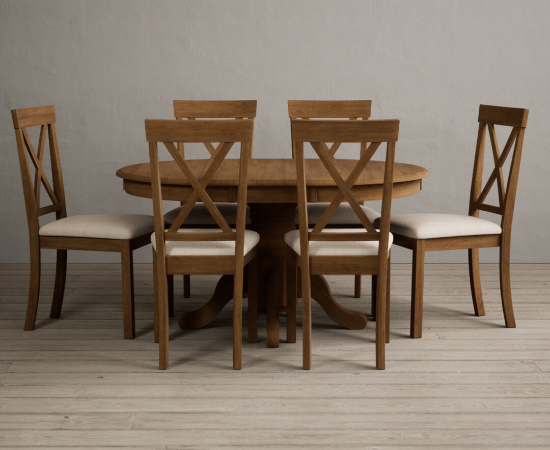 Photo 1 of Hertford rustic oak pedestal extending dining table with 4 linen hertford chairs