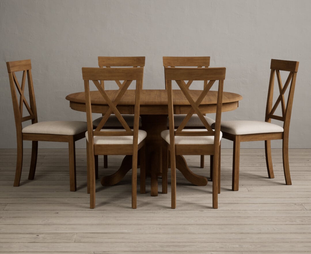 Hertford Rustic Oak Pedestal Extending Dining Table With 6 Brown Hertford Chairs