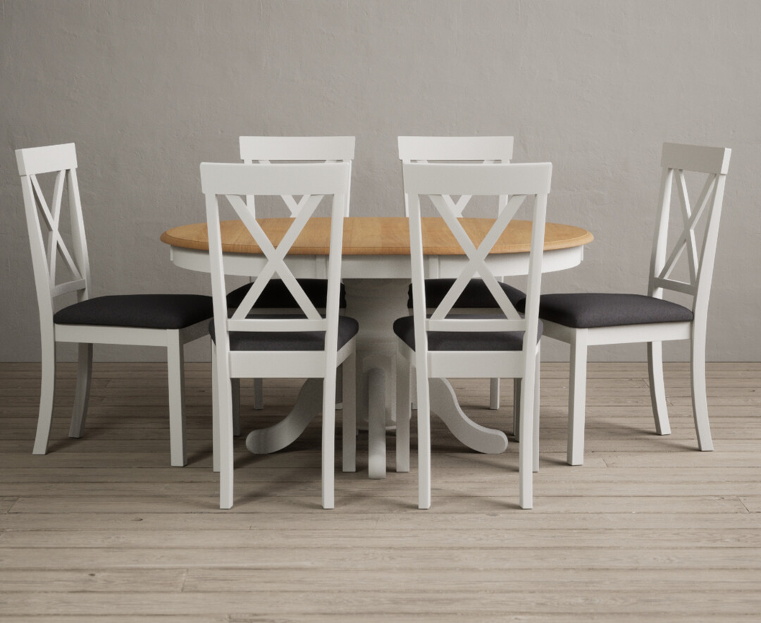 Product photograph of Hertford Oak And Signal White Painted Pedestal Extending Dining Table With 6 Brown Hertford Chairs from Oak Furniture Superstore