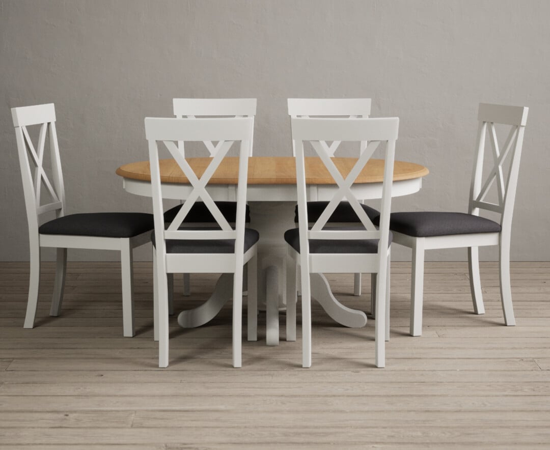 Hertford Oak And Signal White Painted Pedestal Extending Dining Table With 6 Linen Hertford Chairs