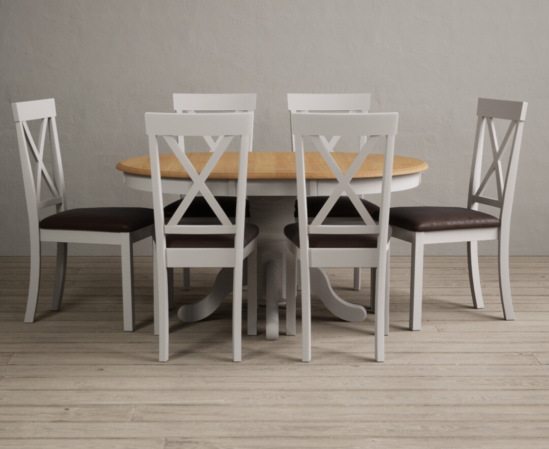 Product photograph of Hertford Oak And Soft White Painted Pedestal Extending Dining Table With 6 Linen Hertford Chairs from Oak Furniture Superstore