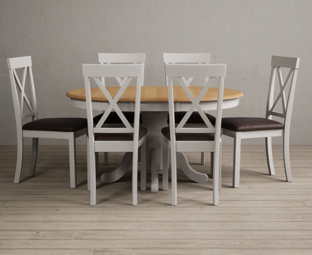 Hertford Oak And Soft White Painted Pedestal Extending Dining Table With 6 Linen Hertford Chairs