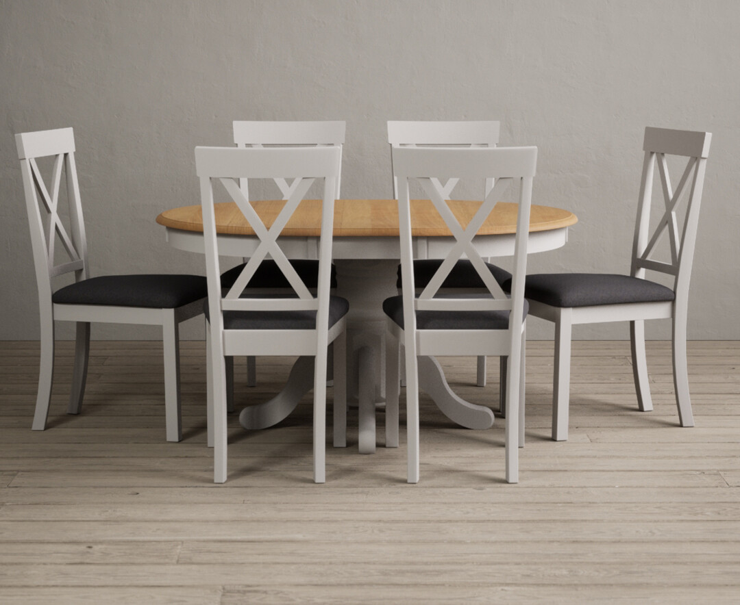 Product photograph of Extending Hertford 100cm - 130cm Oak And Soft White Painted Pedestal Dining Table With 6 Light Grey Hertford Chairs from Oak Furniture Superstore