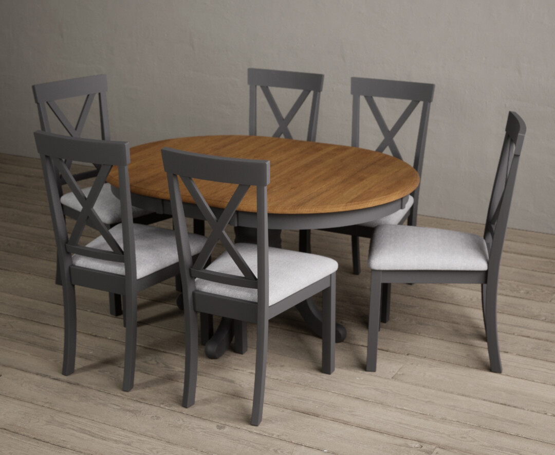 Product photograph of Hertford Oak And Charcoal Grey Painted Pedestal Extending Dining Table With 6 Brown Hertford Chairs from Oak Furniture Superstore.
