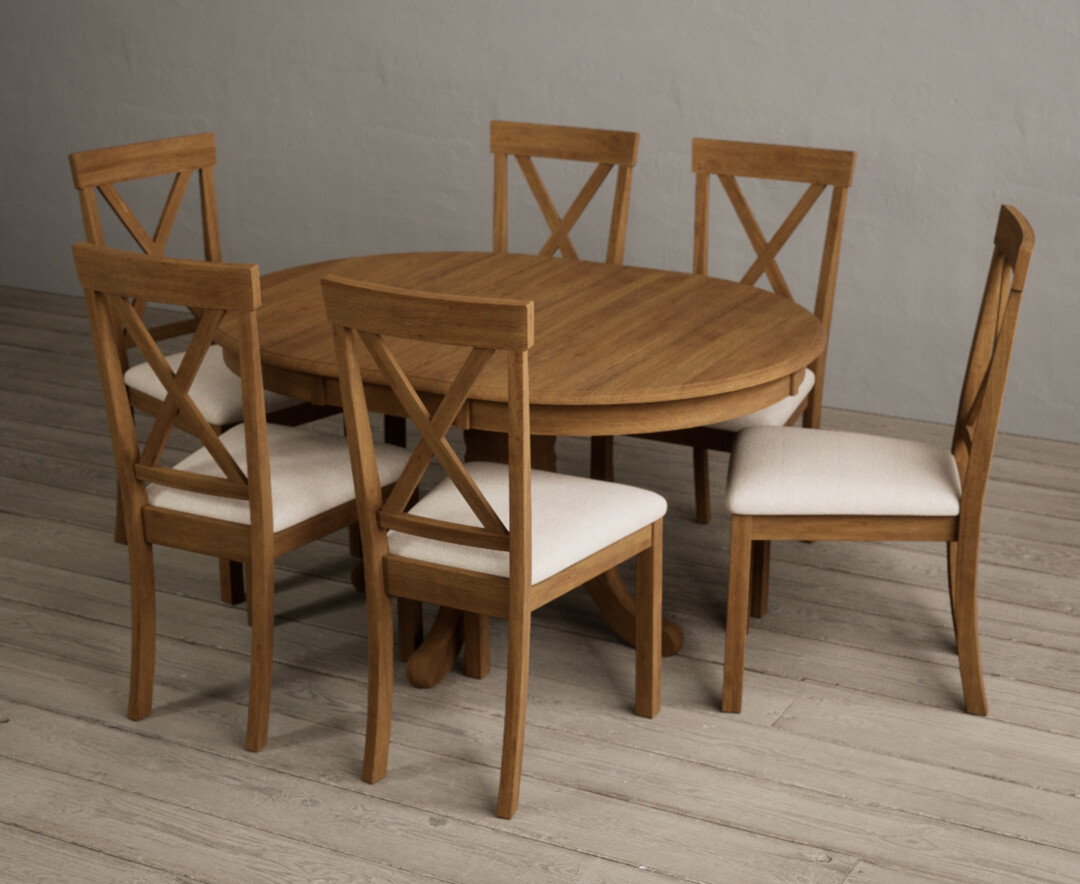 Product photograph of Hertford Rustic Oak Pedestal Extending Dining Table With 4 Blue Hertford Chairs from Oak Furniture Superstore