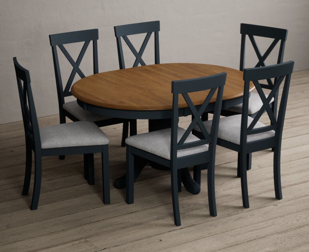 Photo 1 of Hertford oak and dark blue painted pedestal extending dining table with 4 blue hertford chairs