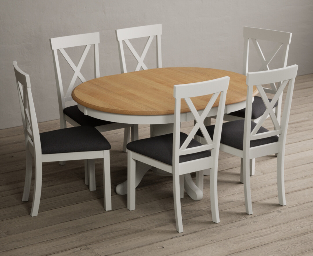 Product photograph of Hertford Oak And Signal White Painted Pedestal Extending Dining Table With 6 Light Grey Hertford Chairs from Oak Furniture Superstore.