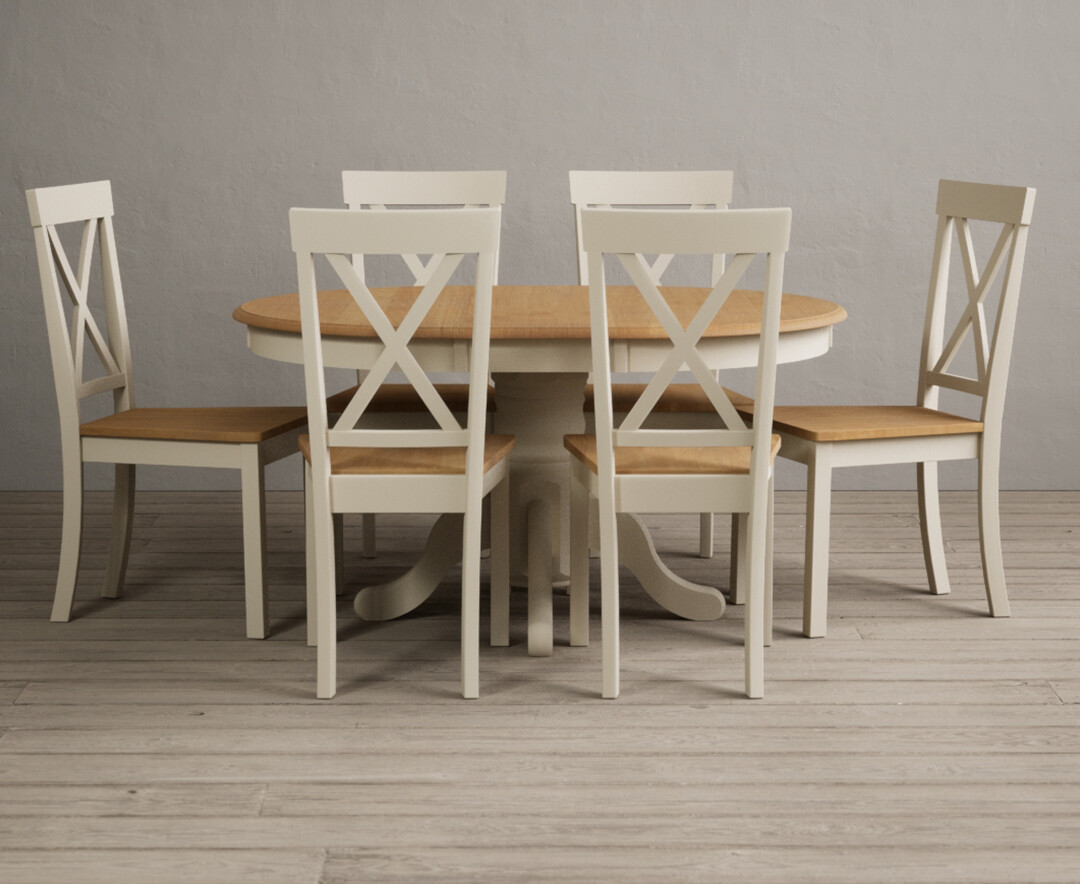 Extending Hertford 100cm 130cm Oak And Cream Painted Pedestal Dining Table With 6 Oak Hertford Chairs