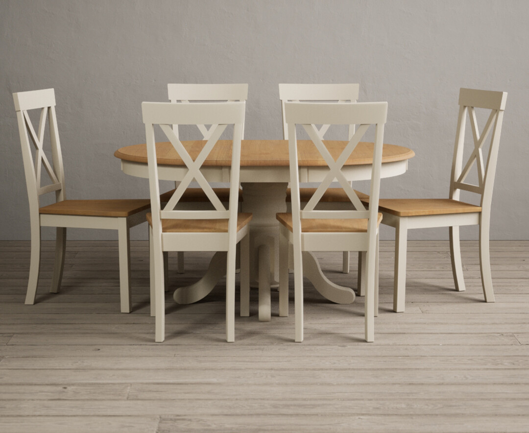 Product photograph of Hertford Oak And Cream Painted Pedestal Extending Dining Table With 6 Light Grey Hertford Chairs from Oak Furniture Superstore