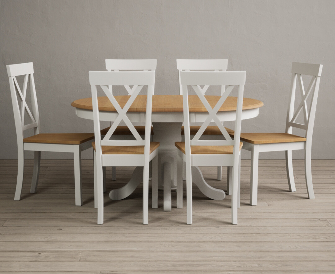 Extending Hertford 100cm 130cm Oak And Signal White Painted Pedestal Dining Table With 4 Oak Hertford Chairs