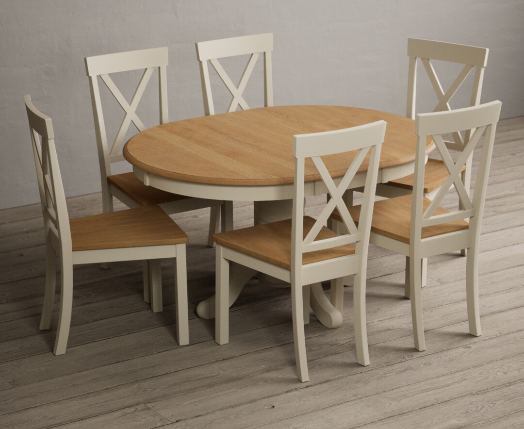 Product photograph of Hertford Oak And Cream Painted Pedestal Extending Dining Table With 4 Light Grey Hertford Chairs from Oak Furniture Superstore.