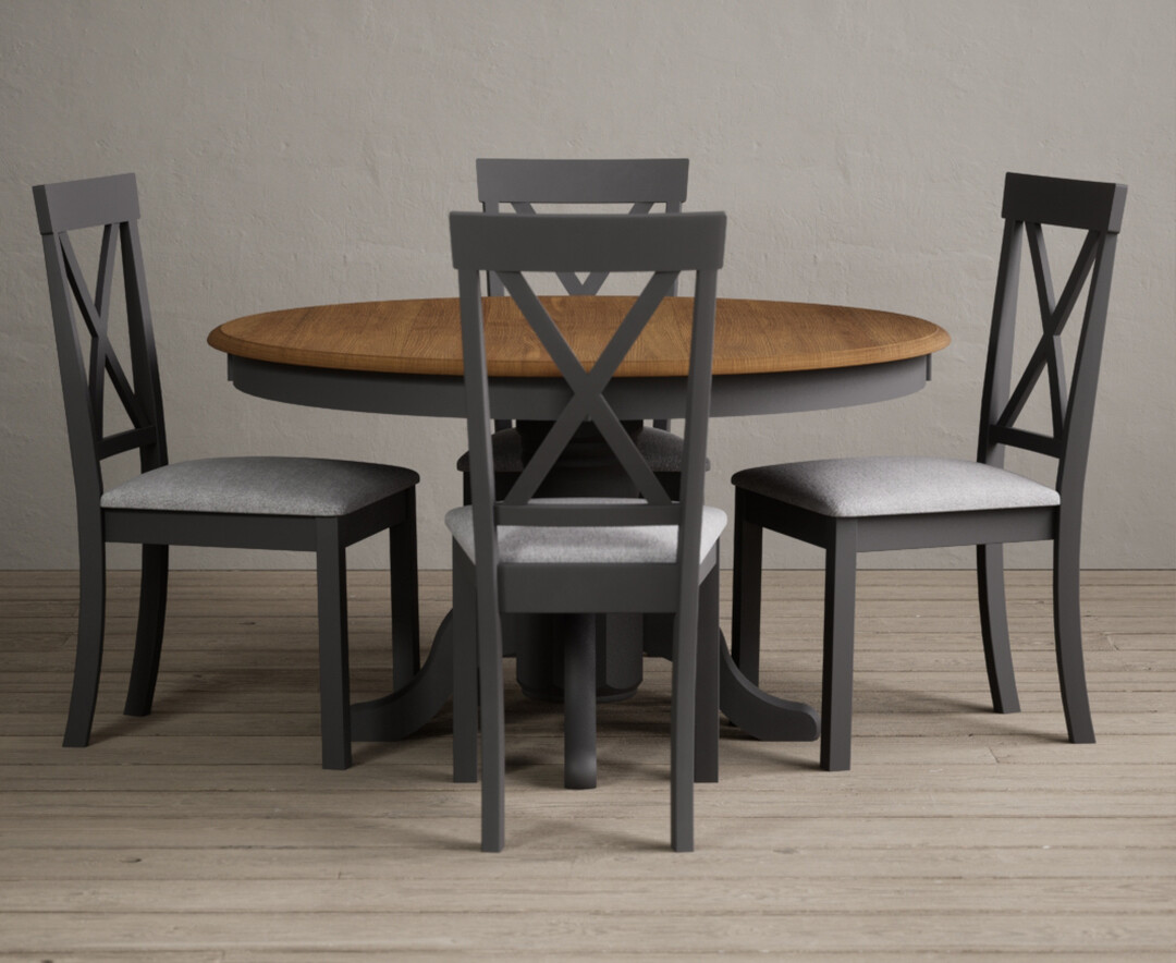 Product photograph of Hertford 120cm Oak And Charcoal Grey Painted Round Pedestal Table With 6 Charcoal Grey Hertford Chairs from Oak Furniture Superstore