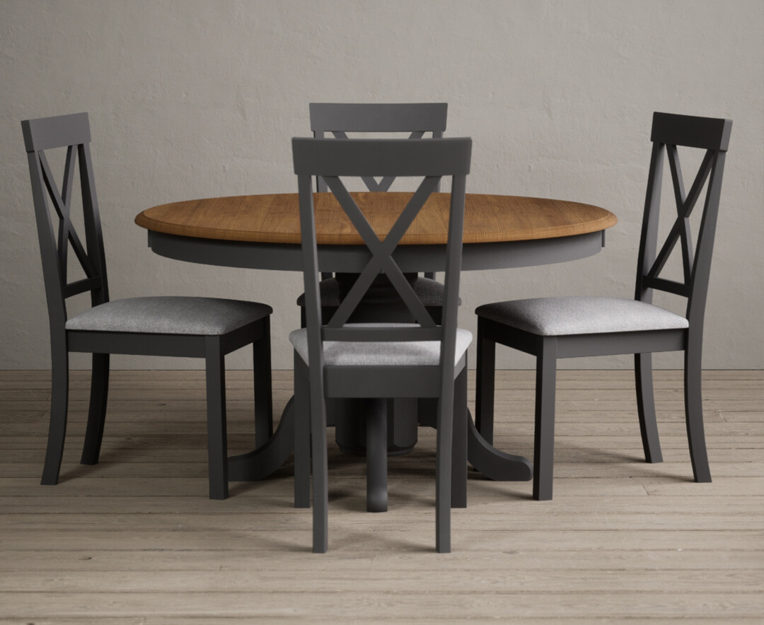 Hertford 120cm Fixed Top Oak And Charcoal Grey Painted Dining Table With 6 Linen Hertford Chairs