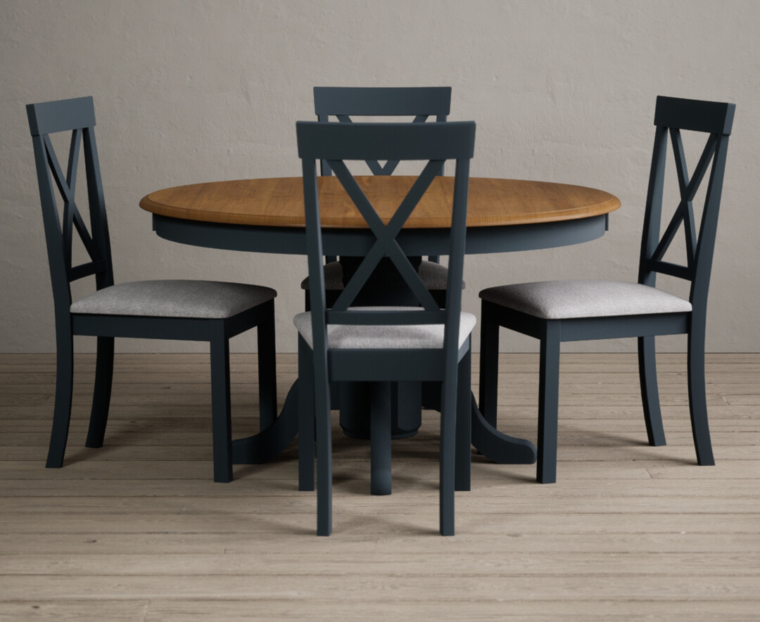 Product photograph of Hertford 120cm Oak And Dark Blue Painted Round Pedestal Table With 4 Linen Hertford Chairs from Oak Furniture Superstore