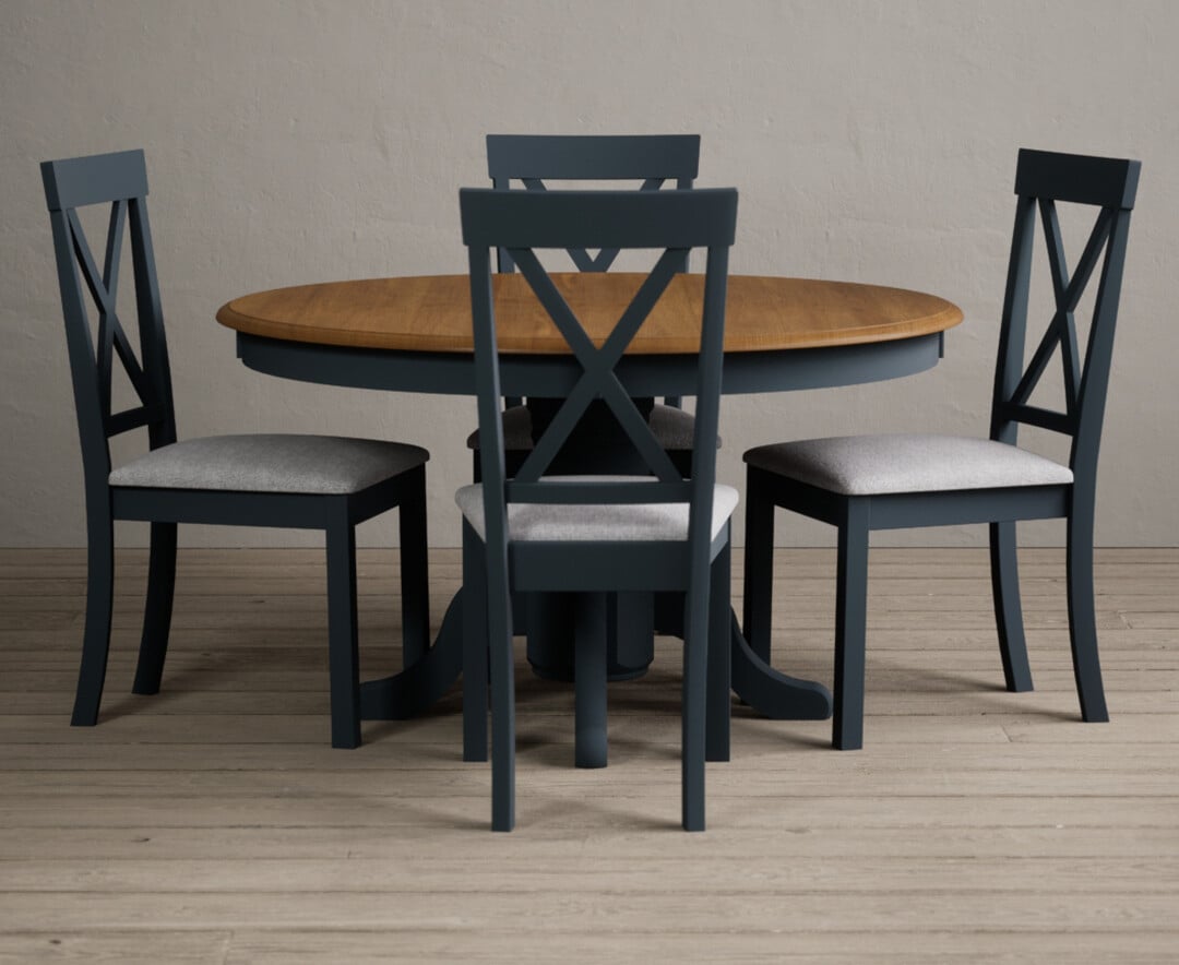 Hertford 120cm Fixed Top Oak And Dark Blue Painted Dining Table With 6 Blue Hertford Chairs