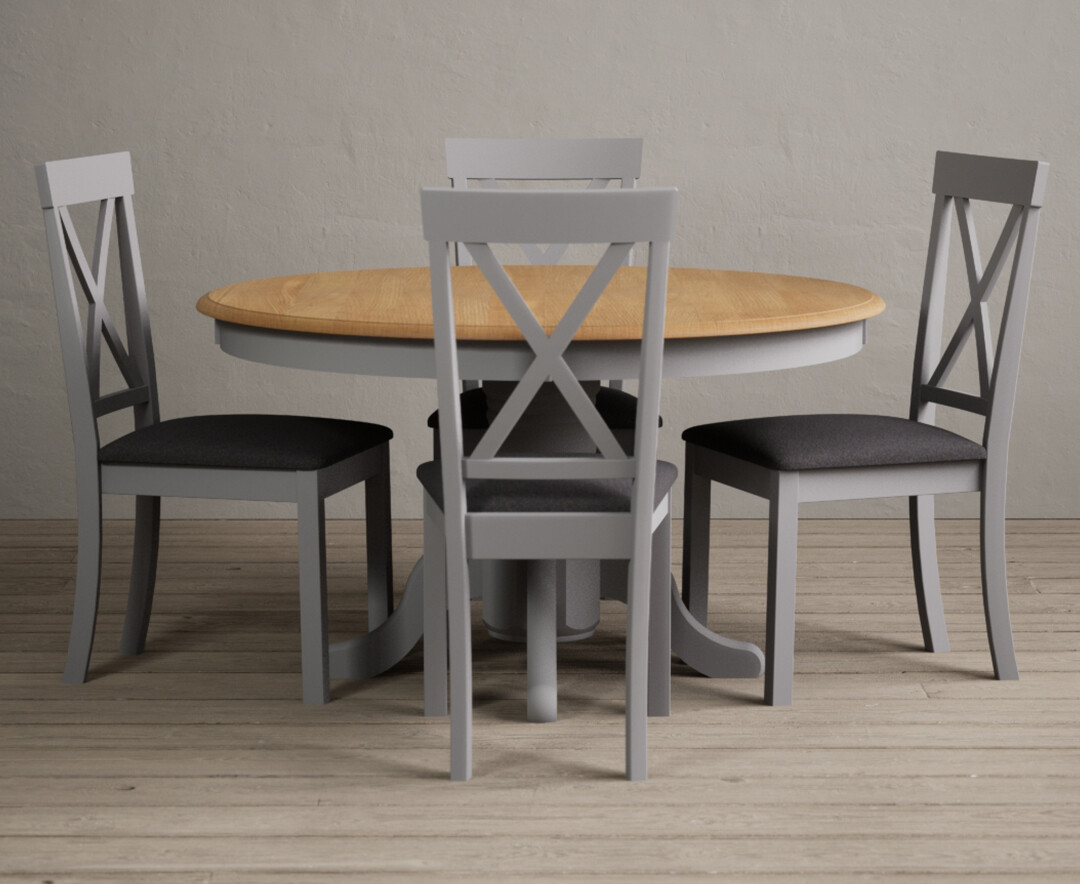 Product photograph of Hertford 120cm Oak And Light Grey Painted Round Pedestal Table With 4 Linen Hertford Chairs from Oak Furniture Superstore