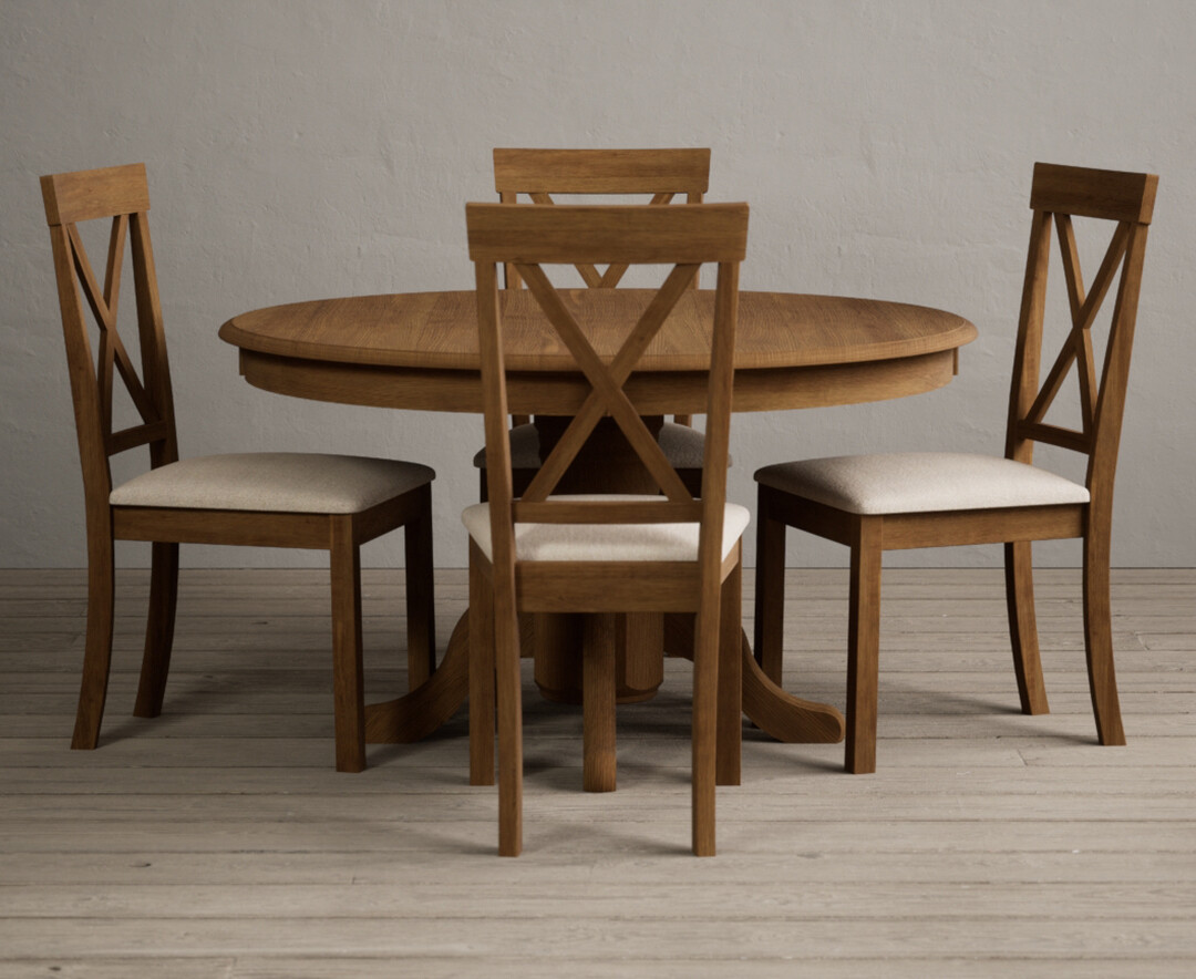 Product photograph of Hertford 120cm Rustic Oak Round Pedestal Table With 4 Light Grey Hertford Chairs from Oak Furniture Superstore