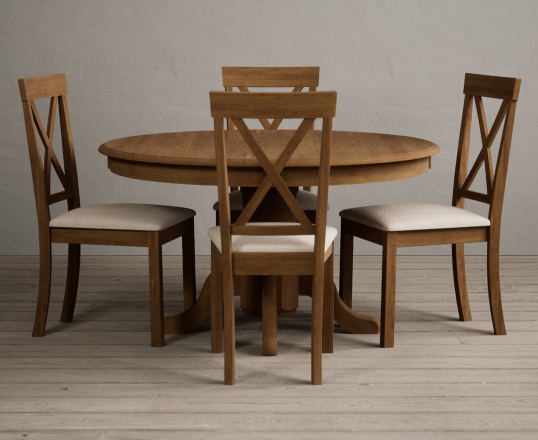 Product photograph of Hertford 120cm Rustic Oak Round Pedestal Table With 6 Brown Hertford Chairs from Oak Furniture Superstore