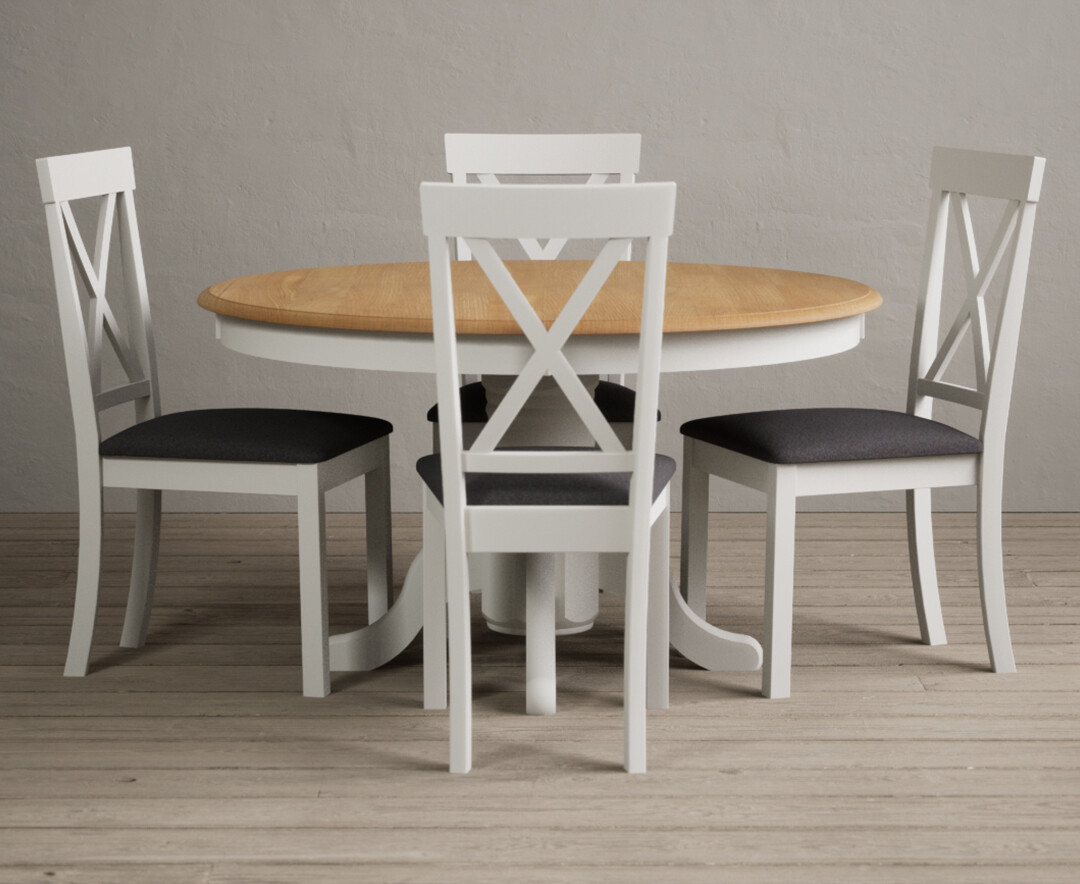 Product photograph of Hertford 120cm Oak And Signal White Painted Round Pedestal Table With 6 Brown Hertford Chairs from Oak Furniture Superstore