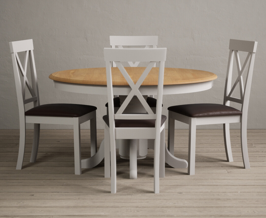 Product photograph of Hertford 120cm Oak And Soft White Painted Round Pedestal Table With 4 Brown Hertford Chairs from Oak Furniture Superstore.
