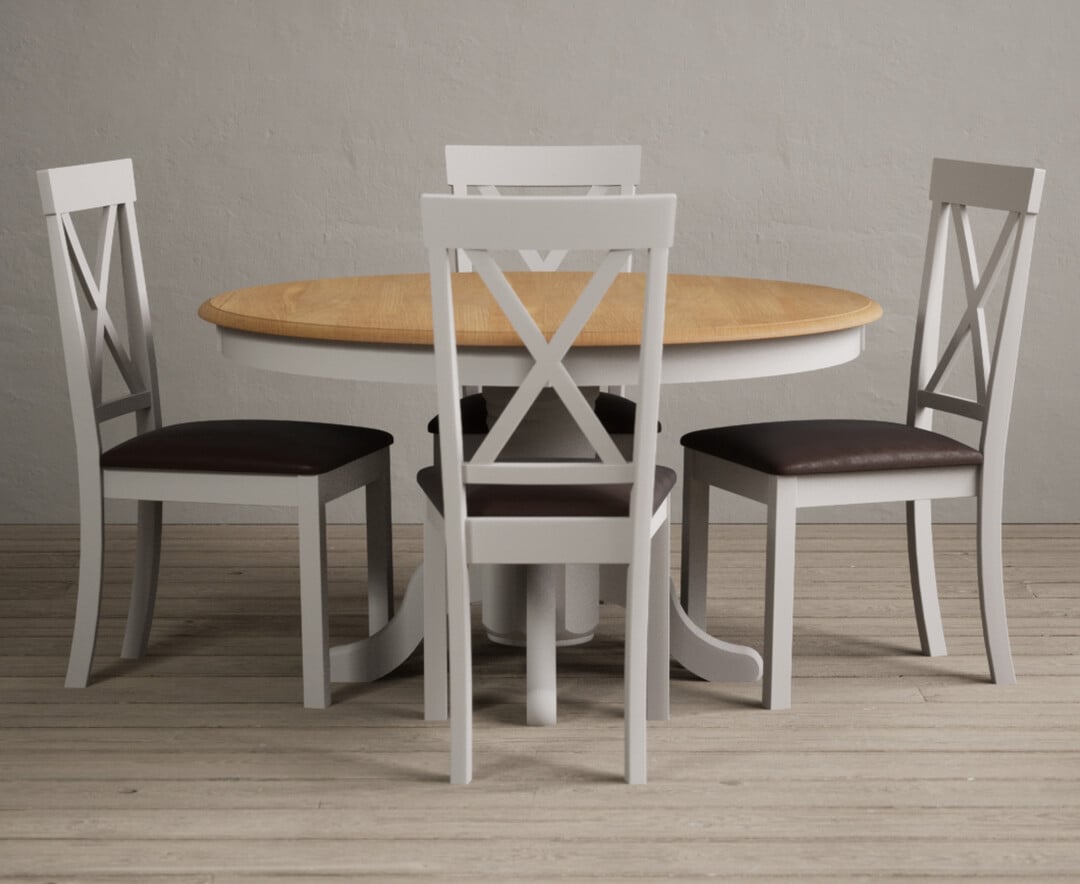 Photo 1 of Hertford 120cm oak and soft white painted round pedestal table with 4 blue hertford chairs