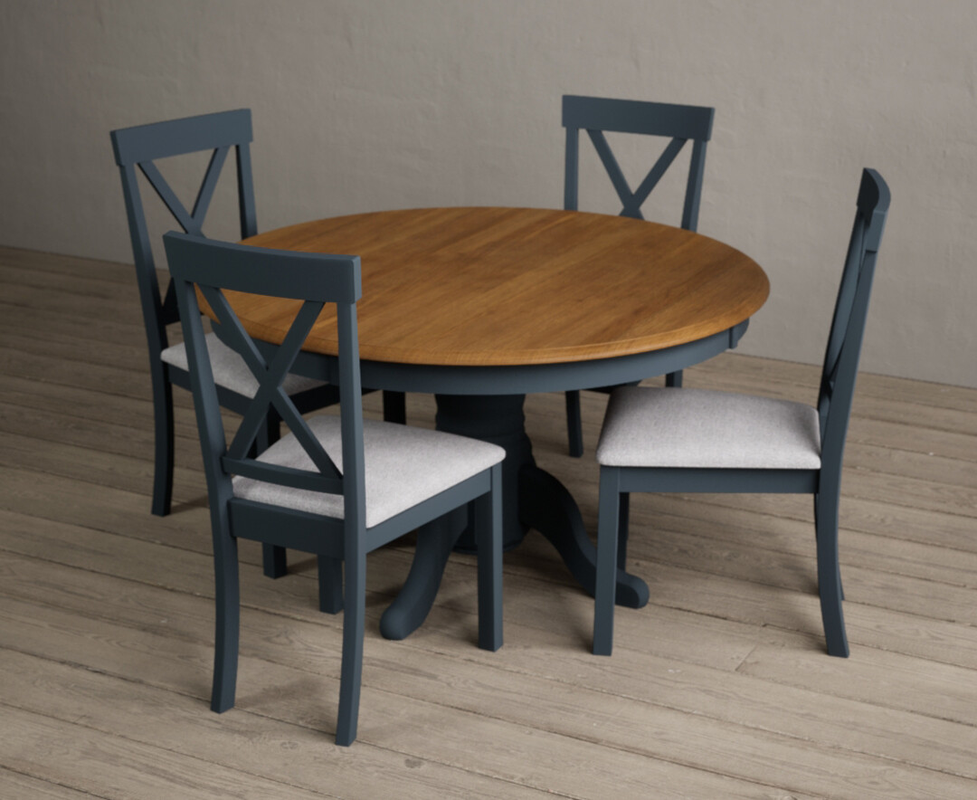 Photo 1 of Hertford 120cm oak and dark blue painted round pedestal table with 4 linen hertford chairs
