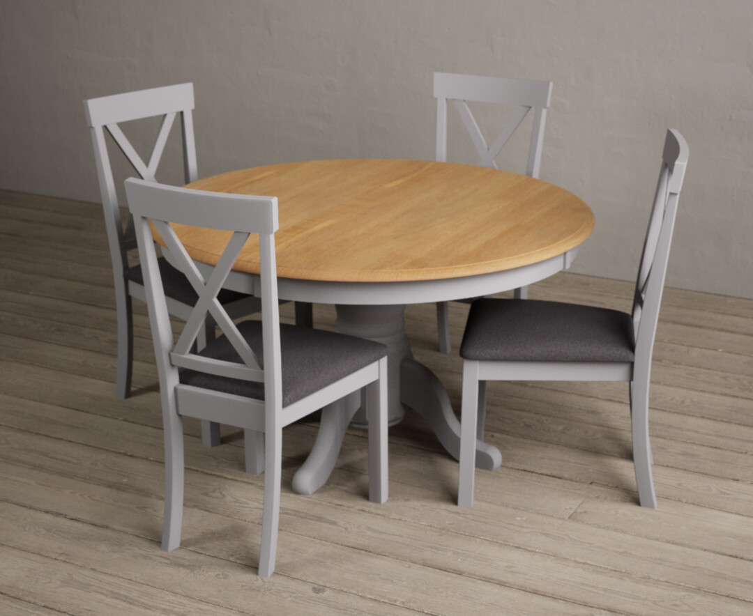 Photo 1 of Hertford 120cm oak and light grey painted round pedestal table with 6 blue hertford chairs
