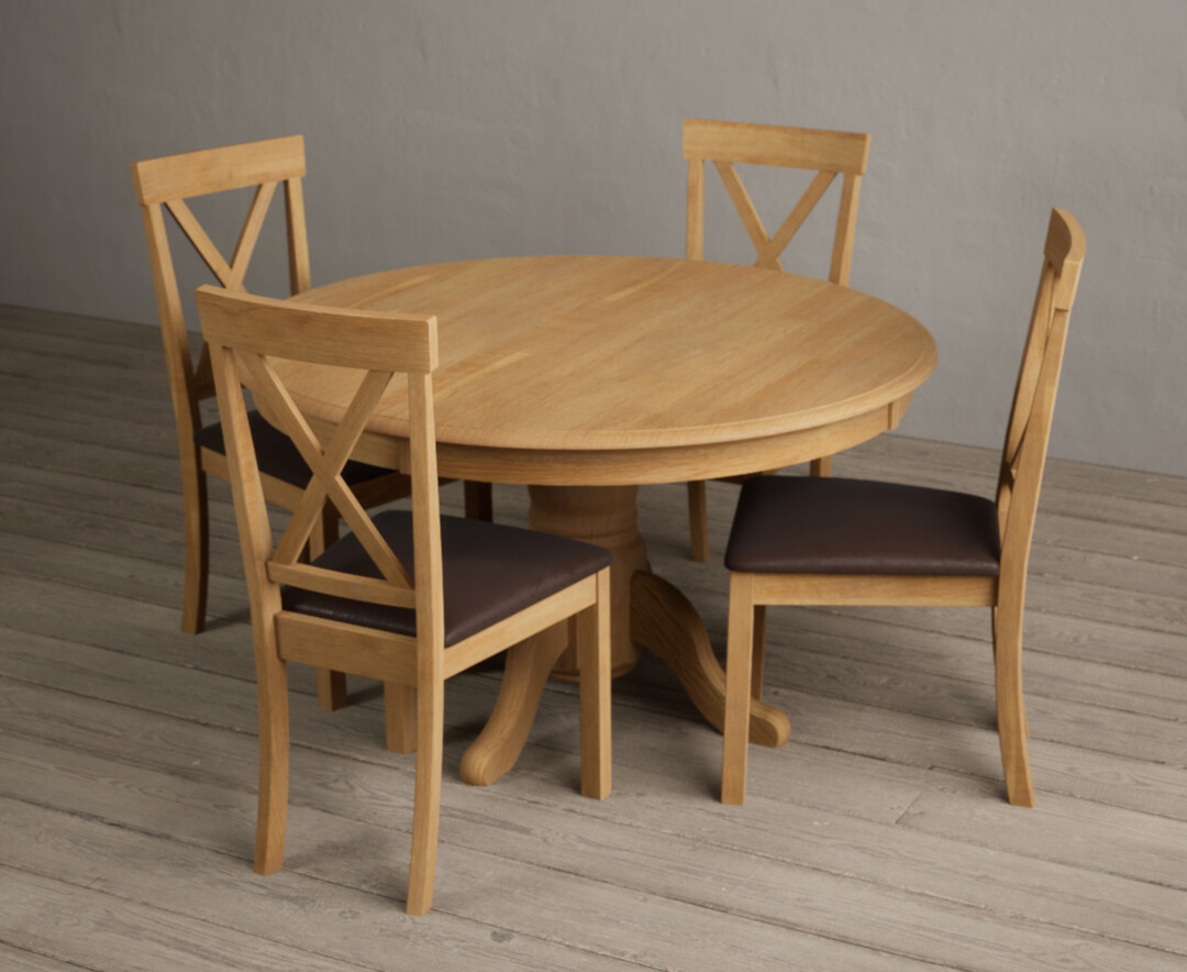 Photo 1 of Hertford 120cm solid oak round pedestal table with 6 blue hertford chairs