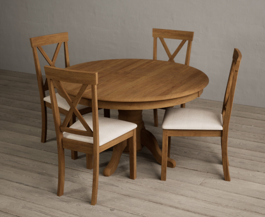 Photo 1 of Hertford 120cm rustic oak round pedestal table with 6 linen hertford chairs