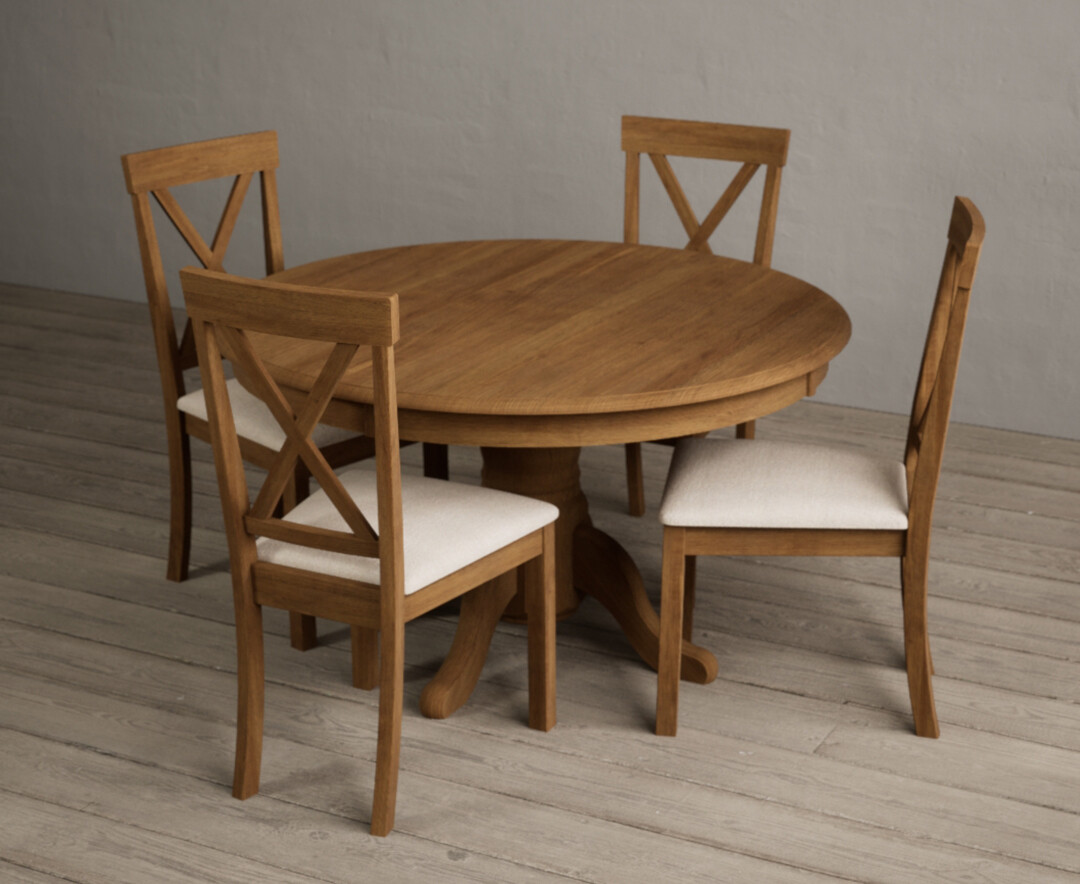 Photo 1 of Hertford 120cm rustic oak round pedestal table with 4 linen hertford chairs