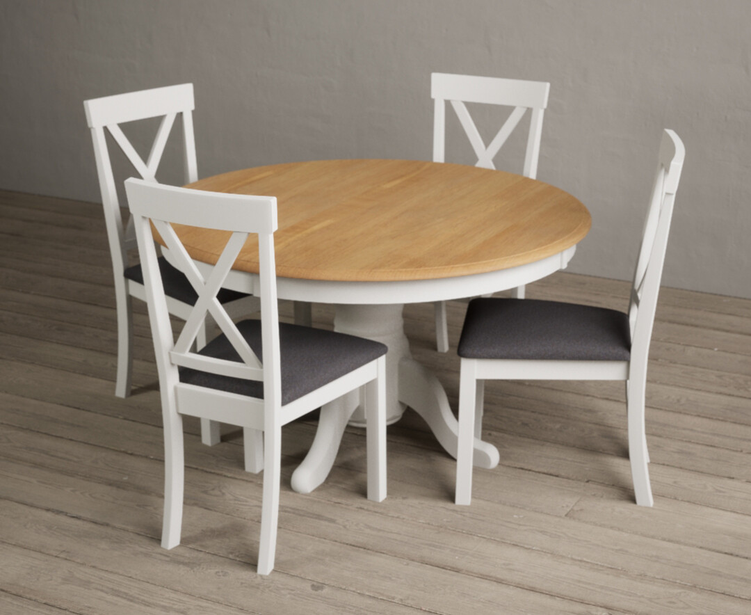 Product photograph of Hertford 120cm Oak And Signal White Painted Round Pedestal Table With 4 Brown Hertford Chairs from Oak Furniture Superstore.