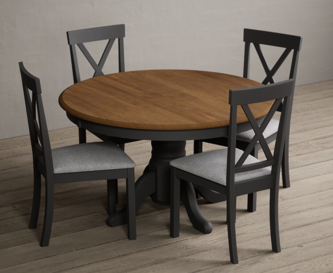 Photo 1 of Hertford 120cm oak and charcoal grey painted round pedestal table with 4 blue hertford chairs