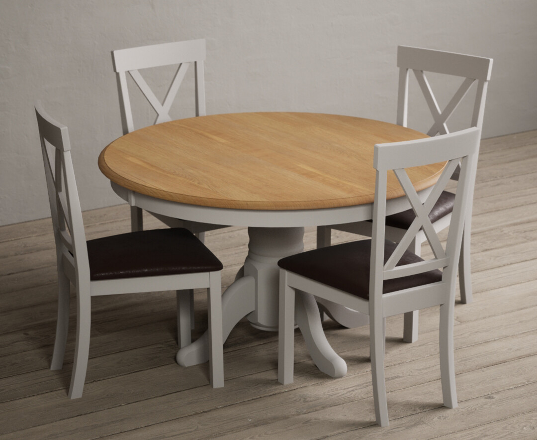 Product photograph of Hertford 120cm Oak And Soft White Painted Round Pedestal Table With 6 Linen Hertford Chairs from Oak Furniture Superstore