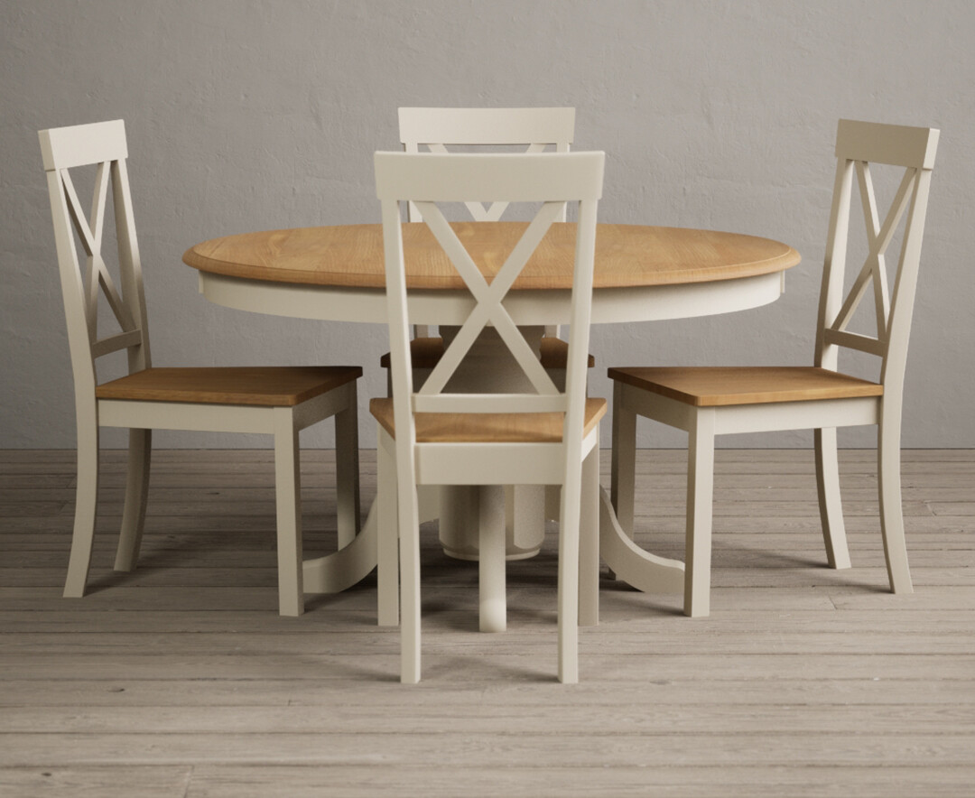 Photo 1 of Hertford 120cm oak and cream painted round pedestal table with 6 brown hertford chairs