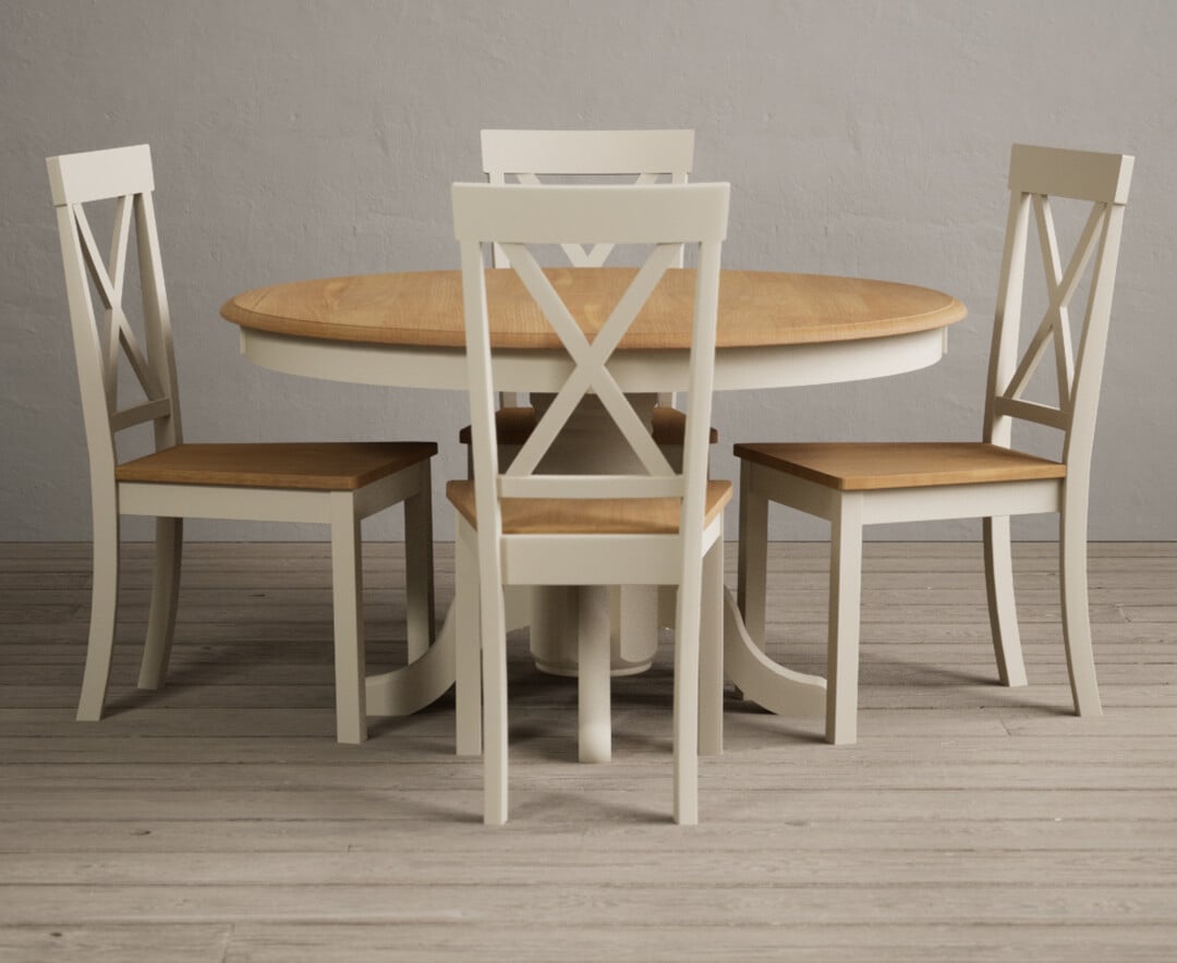 Product photograph of Hertford 120cm Oak And Cream Painted Round Pedestal Table With 4 Light Grey Hertford Chairs from Oak Furniture Superstore.