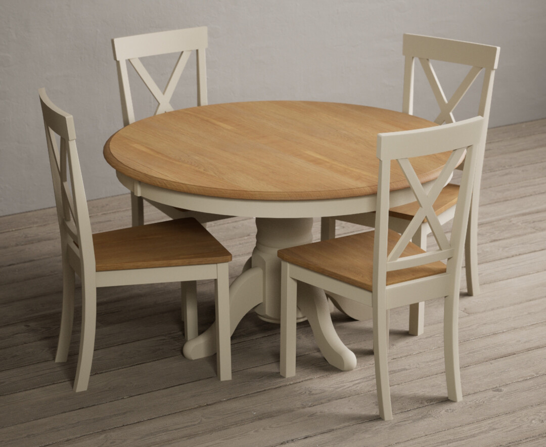 Product photograph of Hertford 120cm Oak And Cream Painted Round Pedestal Table With 6 Blue Hertford Chairs from Oak Furniture Superstore
