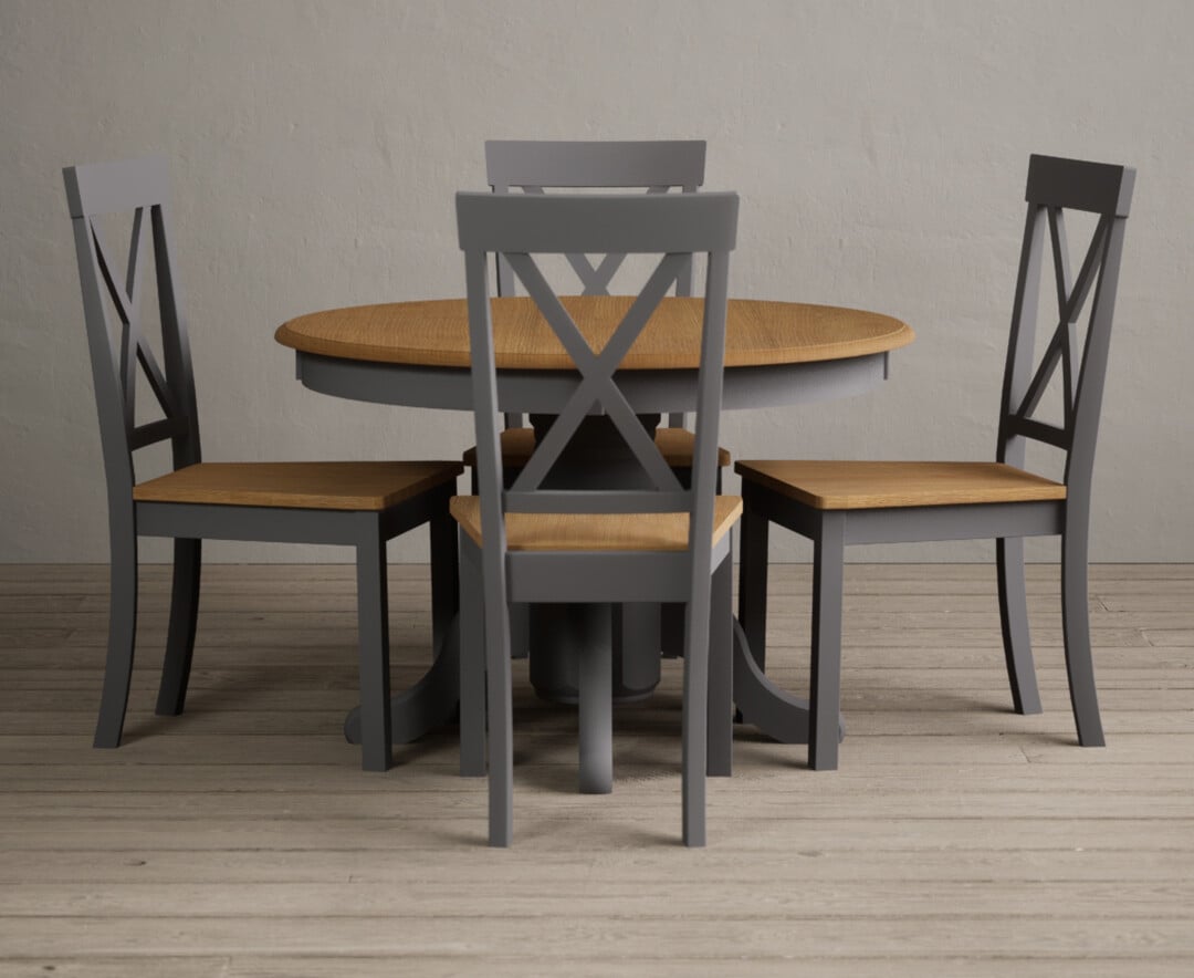 Photo 2 of Extending hertford oak and mid grey painted pedestal dining table with 4 blue hertford chairs