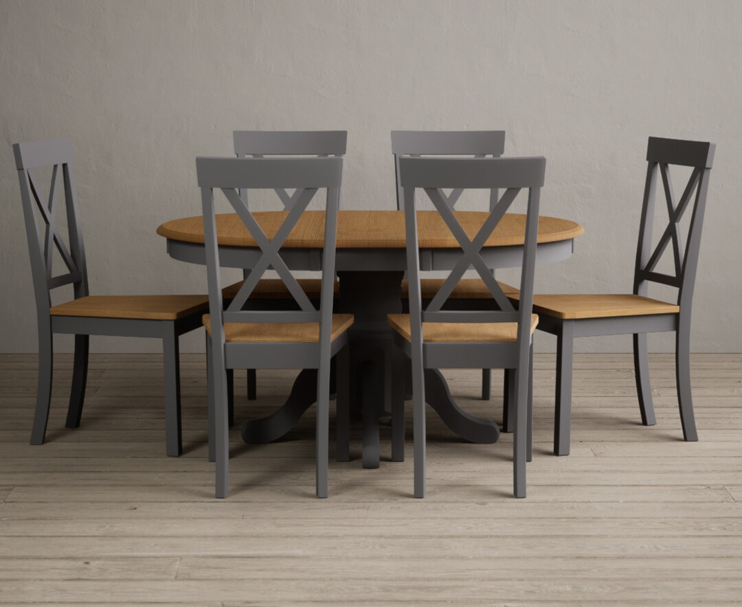 Photo 1 of Extending hertford oak and mid grey painted pedestal dining table with 6 light grey hertford chairs