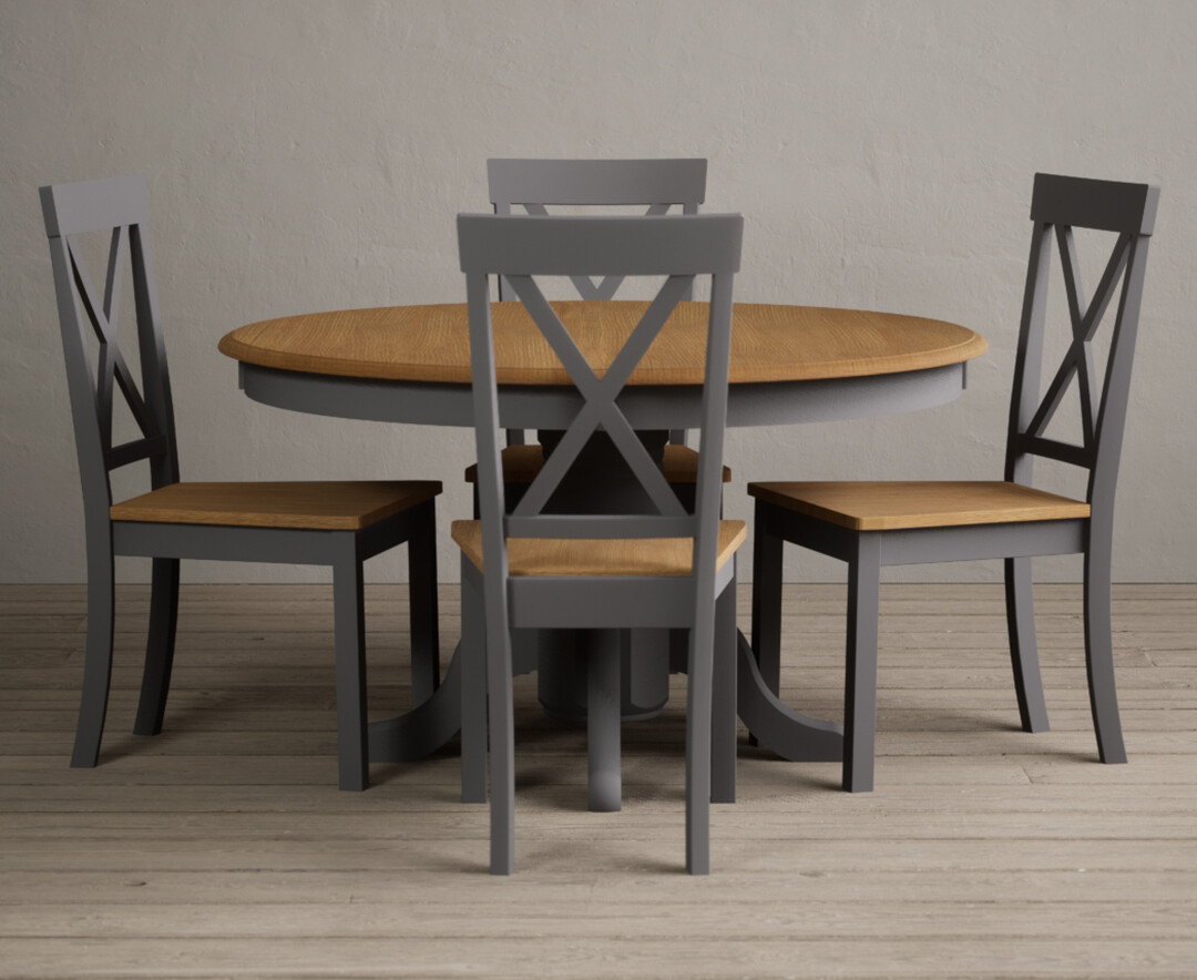 Product photograph of Hertford 120cm Oak And Mid Grey Painted Round Pedestal Table With 4 Light Grey Hertford Chairs from Oak Furniture Superstore