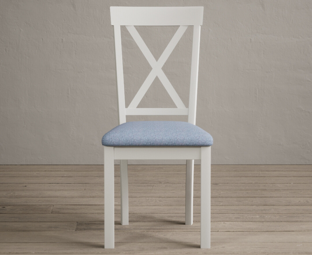 Product photograph of Hertford Signal White Dining Chairs With Blue Fabric Seat Pad from Oak Furniture Superstore
